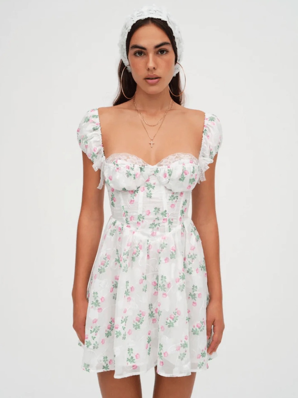 For Love and Lemons Remi Mini Dress Floral Lace-Trim in White with Pink Roses